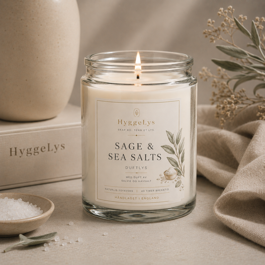 HyggeLys Sage & Sea Salt Scented Candle – Soy Wax, 60hr Burn
