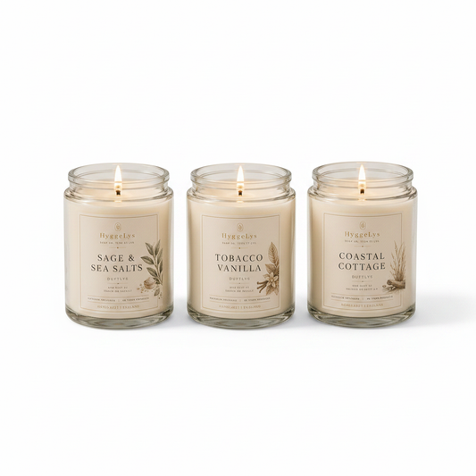 HyggeLys Nordic Escape Collection 3-Pack Scented Candle Gift Set on white background