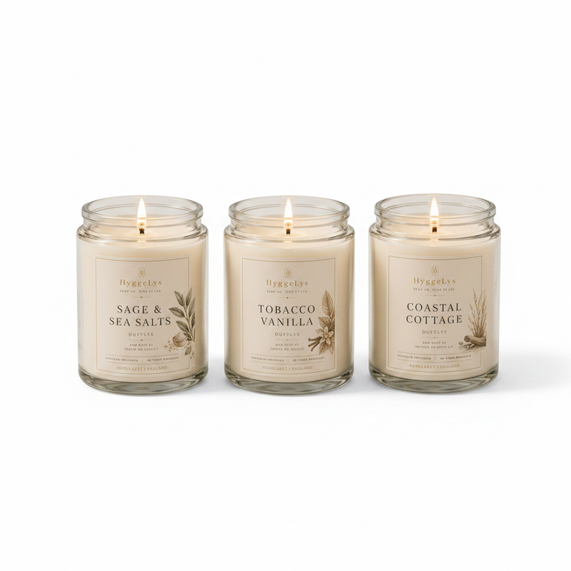HyggeLys Nordic Escape Collection 3-Pack Scented Candle Gift Set on white background