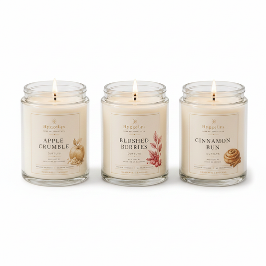 HyggeLys Hygge Collection 3-Pack Scented Candle Gift Set on white background