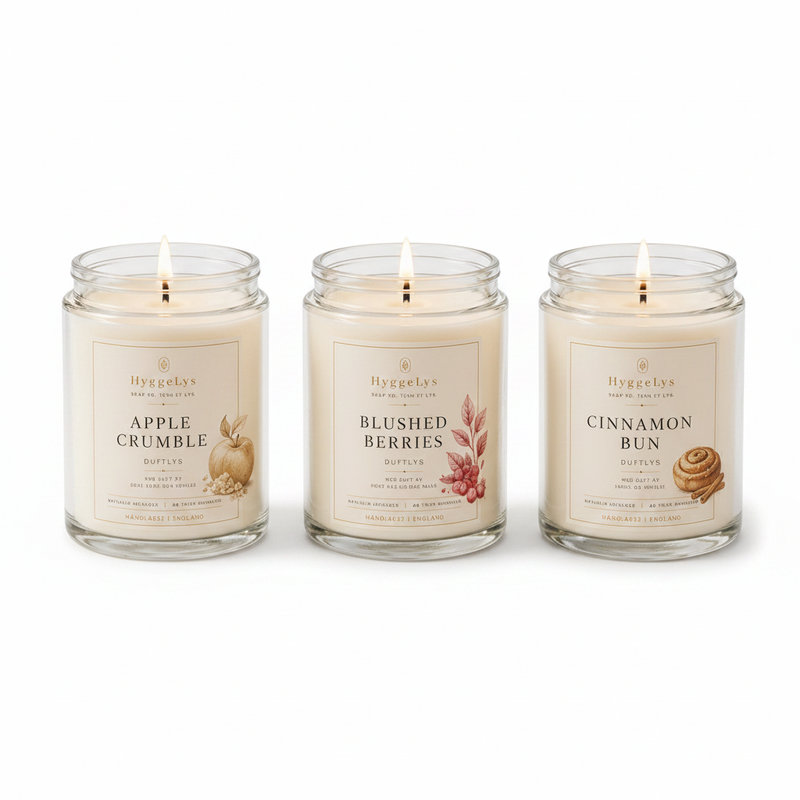 HyggeLys Hygge Collection 3-Pack Scented Candle Gift Set on white background