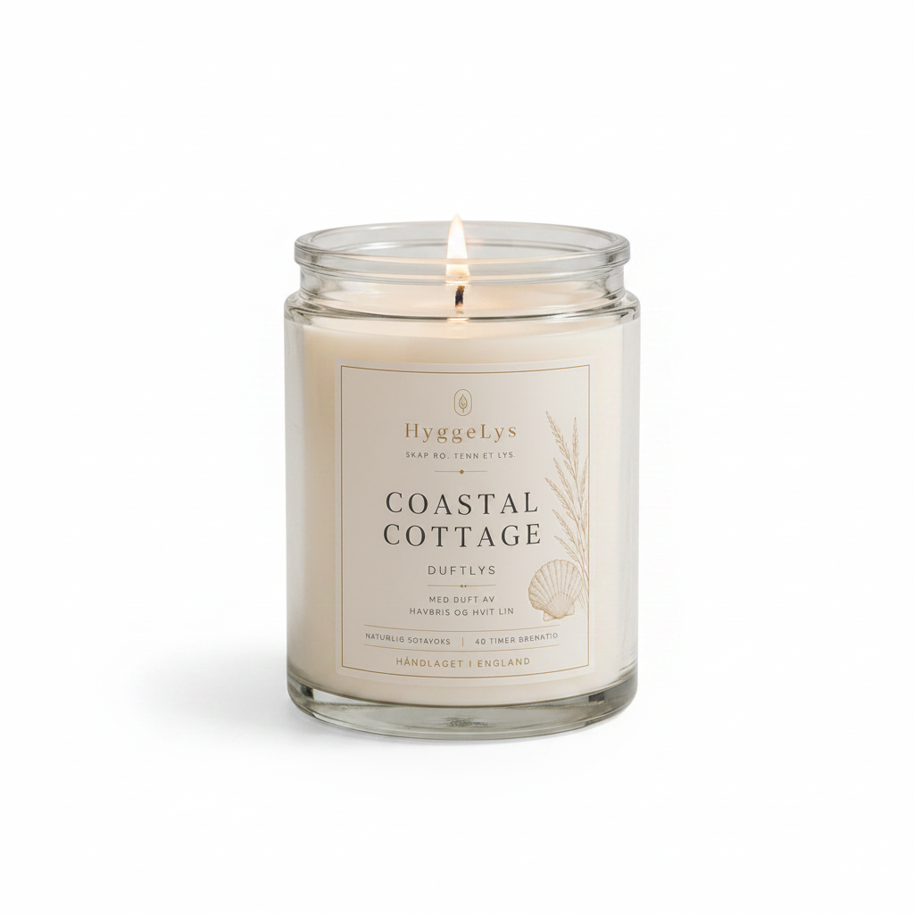 HyggeLys Coastal Cottage Scented Candle on white background