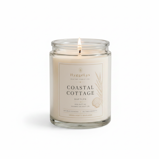 HyggeLys Coastal Cottage Scented Candle on white background
